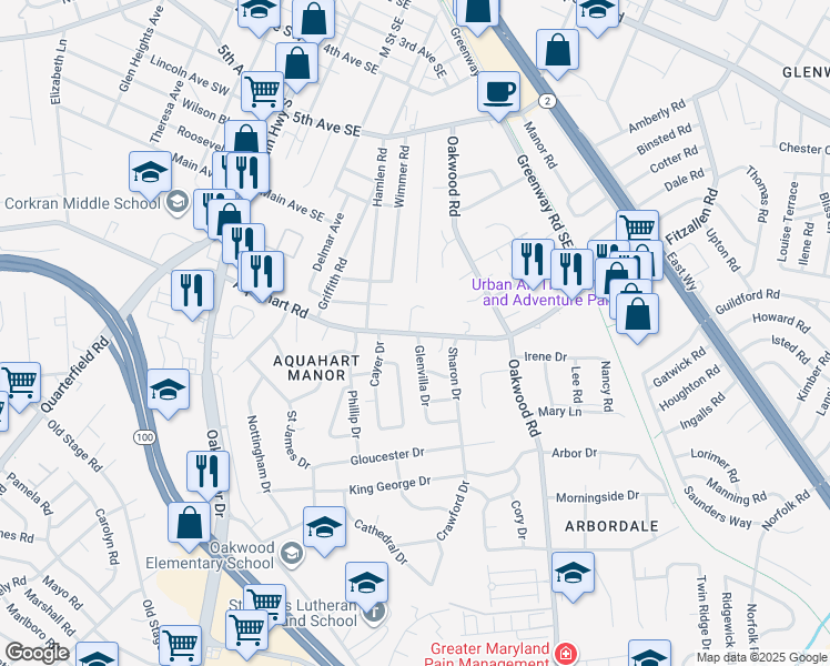 map of restaurants, bars, coffee shops, grocery stores, and more near in Glen Burnie