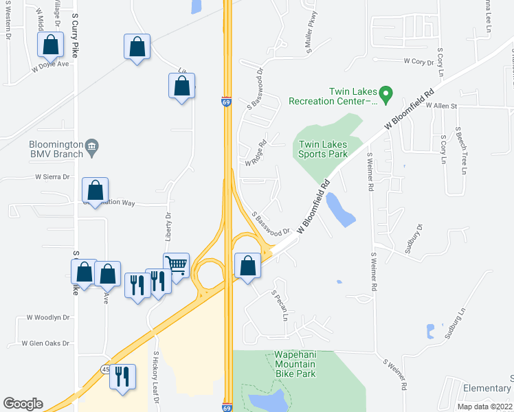 map of restaurants, bars, coffee shops, grocery stores, and more near 1408 South Basswood Circle in Bloomington