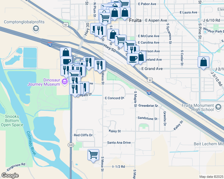 map of restaurants, bars, coffee shops, grocery stores, and more near 203 East Heritage Court in Fruita