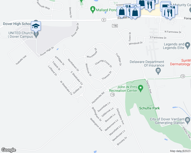 map of restaurants, bars, coffee shops, grocery stores, and more near 27 Westover Drive in Dover