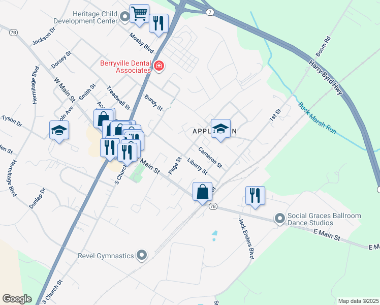 map of restaurants, bars, coffee shops, grocery stores, and more near 3503 Harry Byrd Highway in Berryville