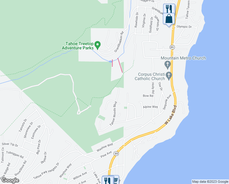 map of restaurants, bars, coffee shops, grocery stores, and more near 408 Tahoe Woods Boulevard in Tahoe City