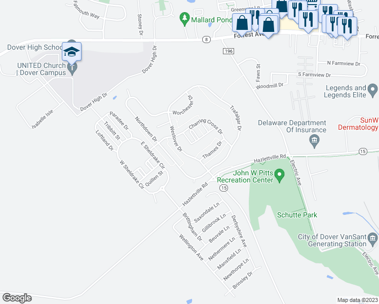 map of restaurants, bars, coffee shops, grocery stores, and more near 27 Westover Drive in Dover