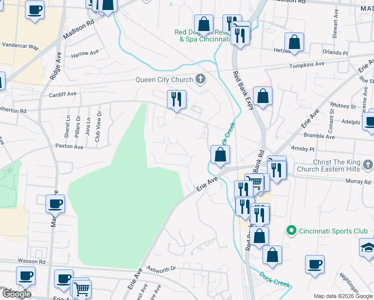 map of restaurants, bars, coffee shops, grocery stores, and more near 3775 Broadview Drive in Cincinnati