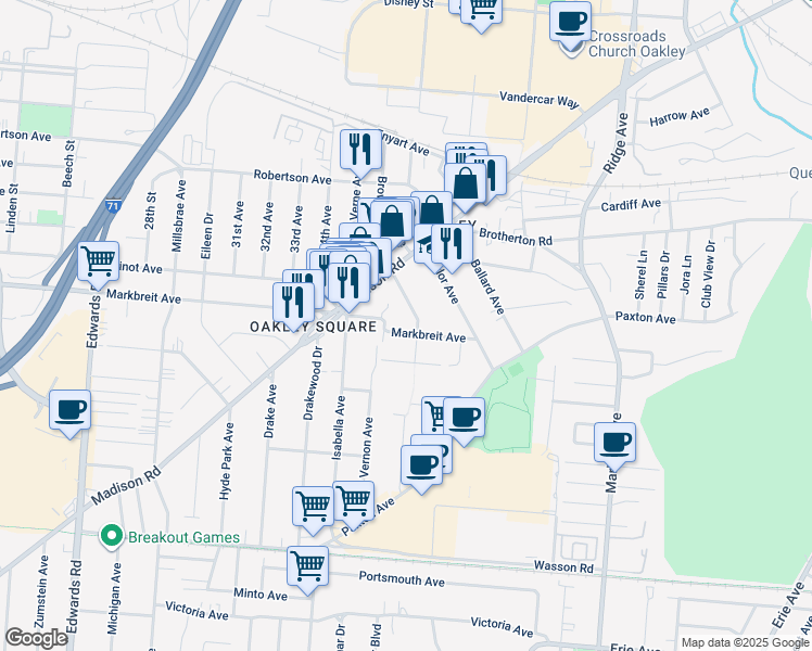 map of restaurants, bars, coffee shops, grocery stores, and more near 3082 Markbreit Avenue in Cincinnati