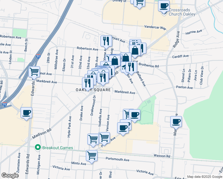 map of restaurants, bars, coffee shops, grocery stores, and more near 3082 Markbreit Avenue in Cincinnati