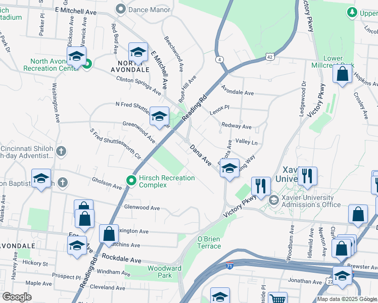 map of restaurants, bars, coffee shops, grocery stores, and more near 927 Dana Avenue in Cincinnati