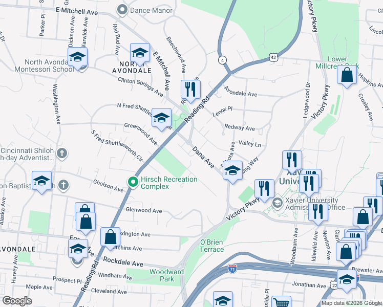 map of restaurants, bars, coffee shops, grocery stores, and more near 927 Dana Avenue in Cincinnati