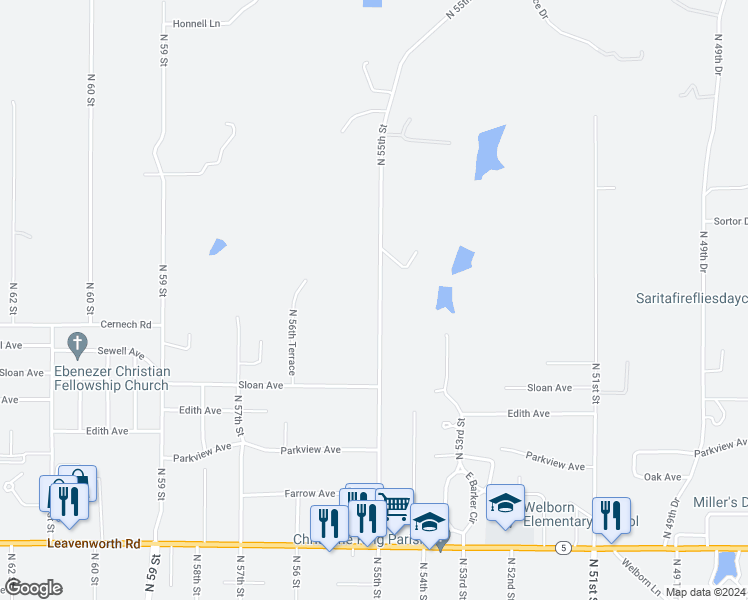 map of restaurants, bars, coffee shops, grocery stores, and more near 3528 North 55th Street in Kansas City