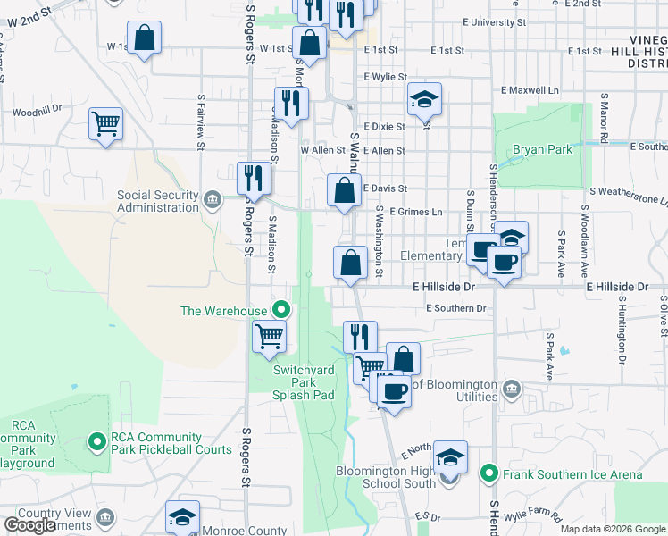 map of restaurants, bars, coffee shops, grocery stores, and more near 1410 South Monon Drive in Bloomington