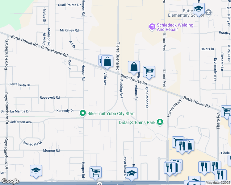 map of restaurants, bars, coffee shops, grocery stores, and more near 1627 Redding Avenue in Yuba City