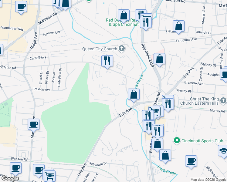 map of restaurants, bars, coffee shops, grocery stores, and more near 3764 Broadview Drive in Cincinnati
