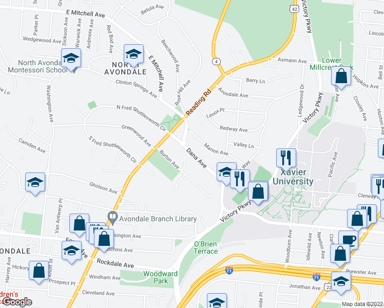 map of restaurants, bars, coffee shops, grocery stores, and more near 953 Dana Avenue in Cincinnati