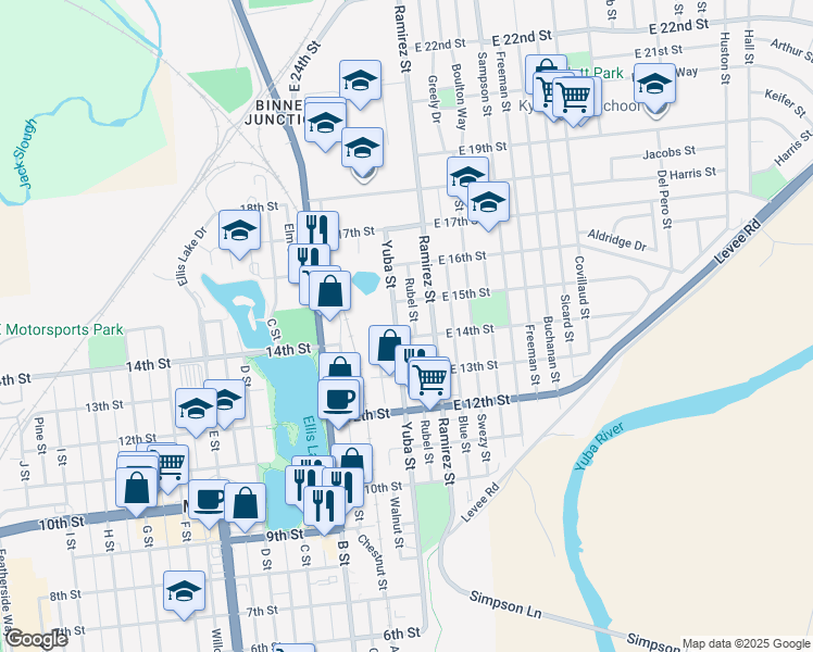 map of restaurants, bars, coffee shops, grocery stores, and more near 1428 Rubel Street in Marysville