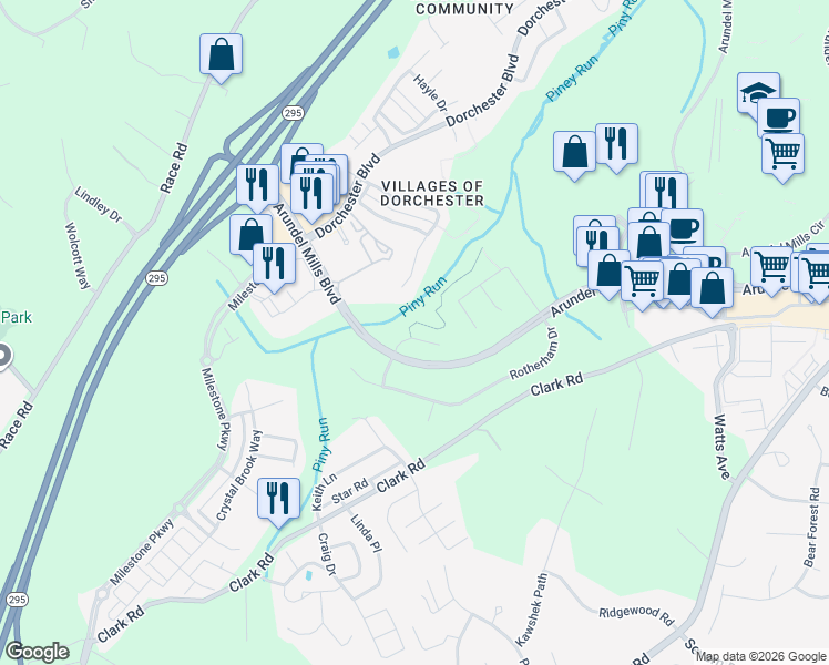 map of restaurants, bars, coffee shops, grocery stores, and more near 7290 Flaxpool Court in Hanover