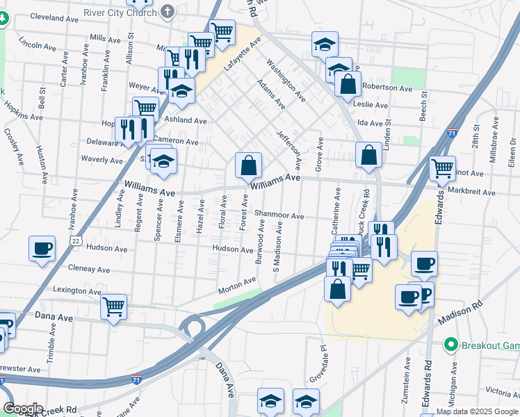 map of restaurants, bars, coffee shops, grocery stores, and more near 4008 Burwood Avenue in Cincinnati