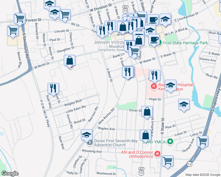 map of restaurants, bars, coffee shops, grocery stores, and more near 716 South West Street in Dover