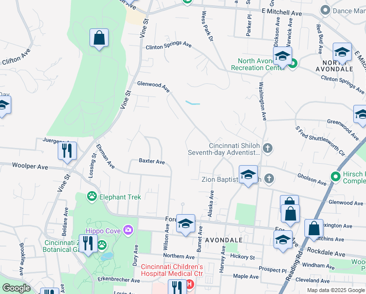 map of restaurants, bars, coffee shops, grocery stores, and more near 3649 Canyon Drive in Cincinnati