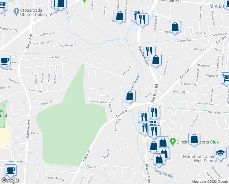 map of restaurants, bars, coffee shops, grocery stores, and more near 1 Broadview Place in Cincinnati