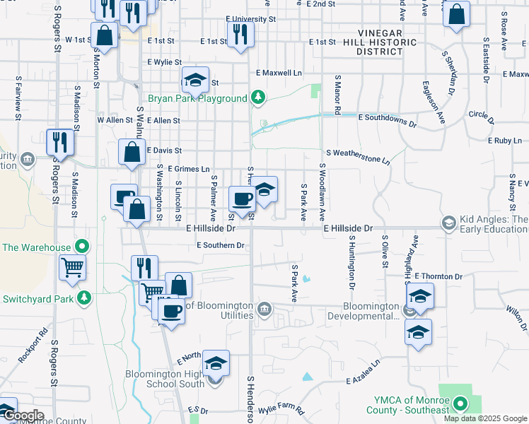map of restaurants, bars, coffee shops, grocery stores, and more near 1400 South Brenda Avenue in Bloomington