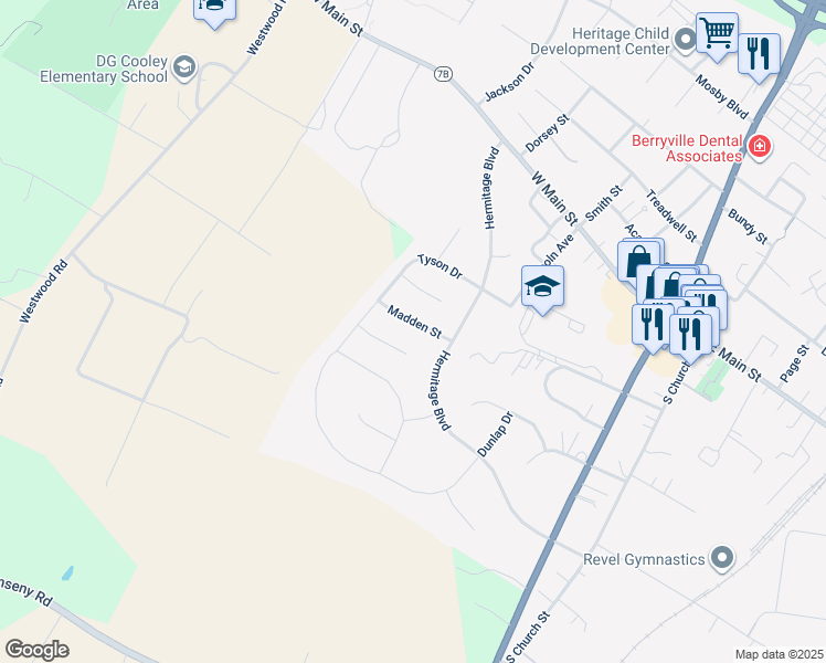 map of restaurants, bars, coffee shops, grocery stores, and more near 413 Madden Street in Berryville