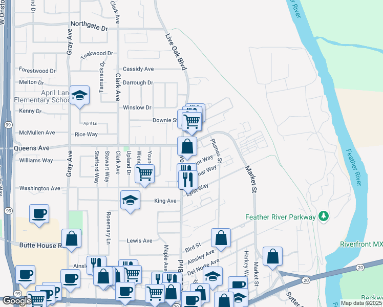 map of restaurants, bars, coffee shops, grocery stores, and more near 1473 Live Oak Boulevard in Yuba City