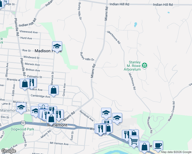 map of restaurants, bars, coffee shops, grocery stores, and more near 4440 Miami Road in Cincinnati