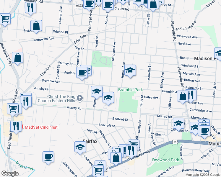 map of restaurants, bars, coffee shops, grocery stores, and more near 6209 Bramble Avenue in Cincinnati