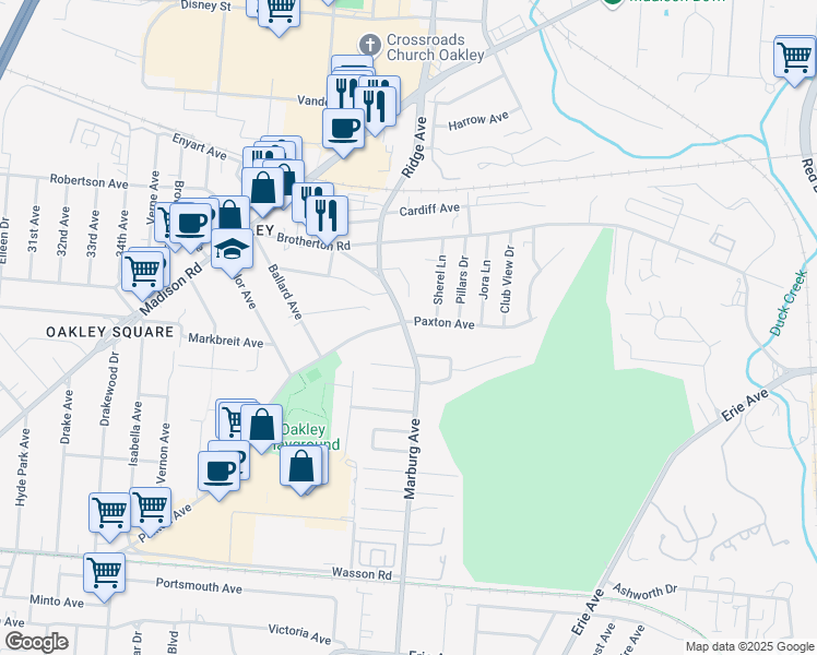 map of restaurants, bars, coffee shops, grocery stores, and more near 4112 Paxton Avenue in Cincinnati