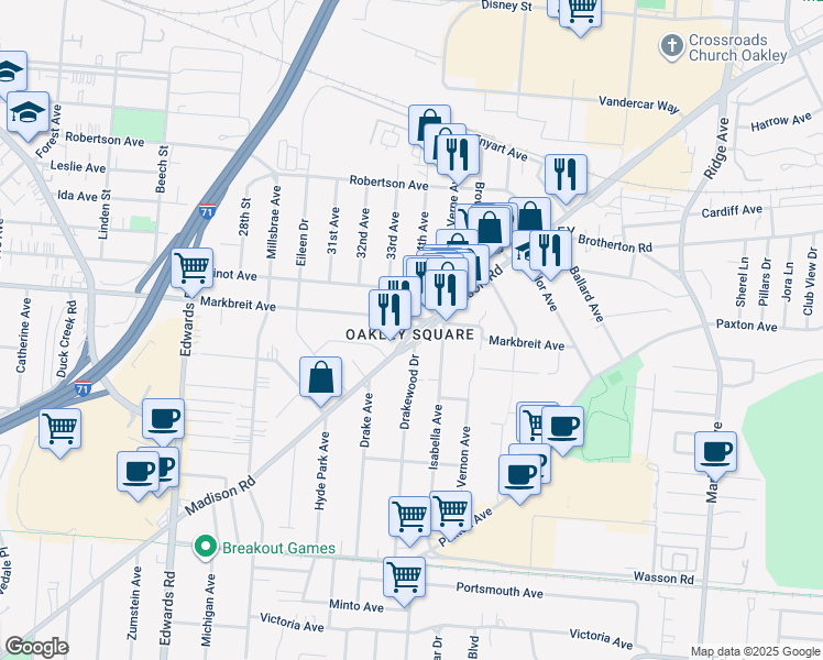 map of restaurants, bars, coffee shops, grocery stores, and more near in Cincinnati