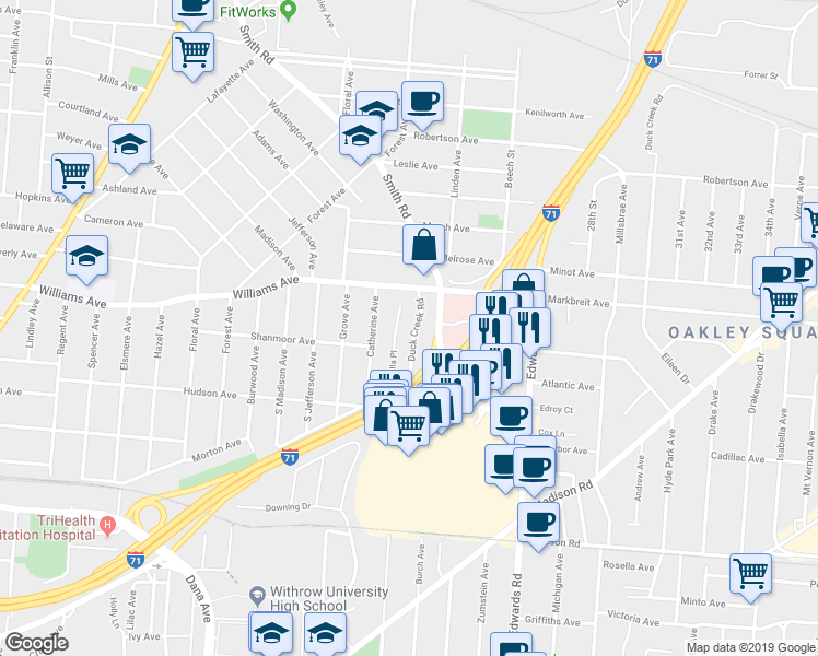 map of restaurants, bars, coffee shops, grocery stores, and more near 2574 Duck Creek Road in Cincinnati