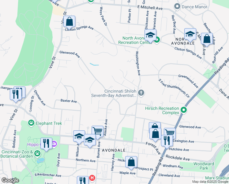 map of restaurants, bars, coffee shops, grocery stores, and more near 420 Glenwood Avenue in Cincinnati