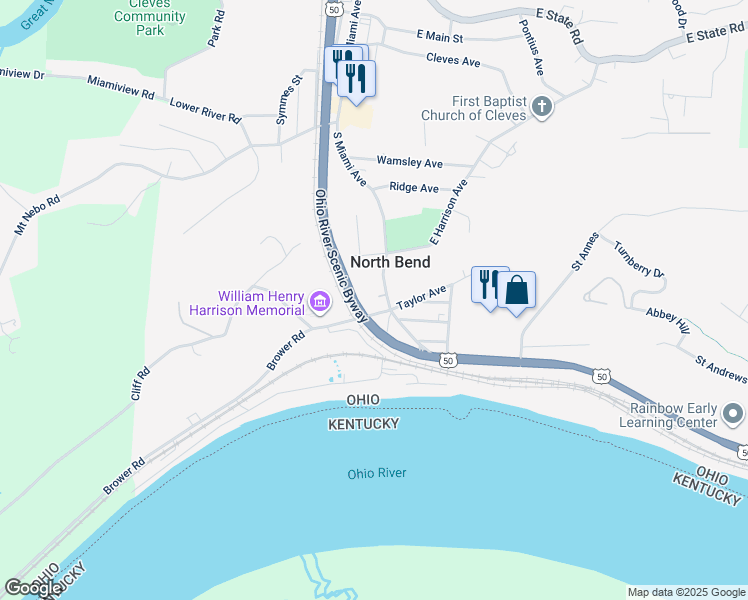 map of restaurants, bars, coffee shops, grocery stores, and more near 136 Miami Avenue in North Bend
