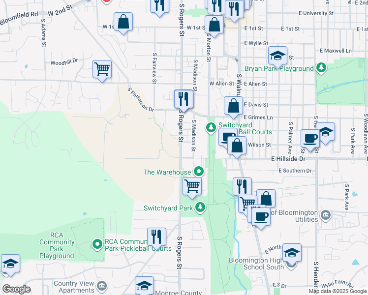 map of restaurants, bars, coffee shops, grocery stores, and more near 1402 South Madison Street in Bloomington