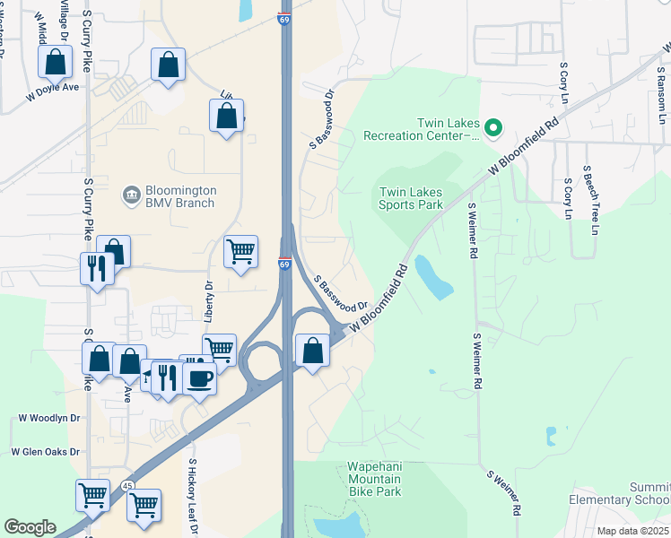 map of restaurants, bars, coffee shops, grocery stores, and more near 1408 South Basswood Circle in Bloomington