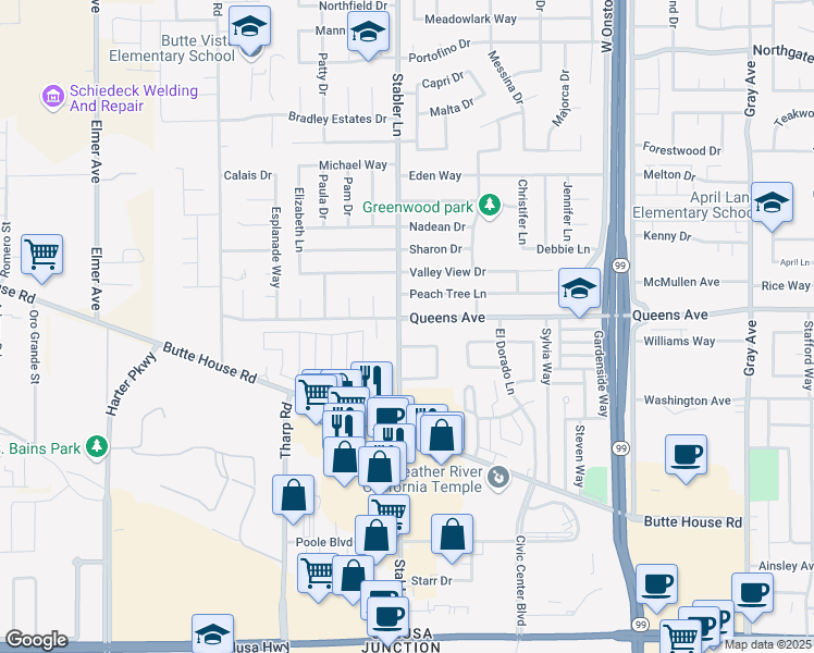 map of restaurants, bars, coffee shops, grocery stores, and more near 1590 Queens Avenue in Yuba City