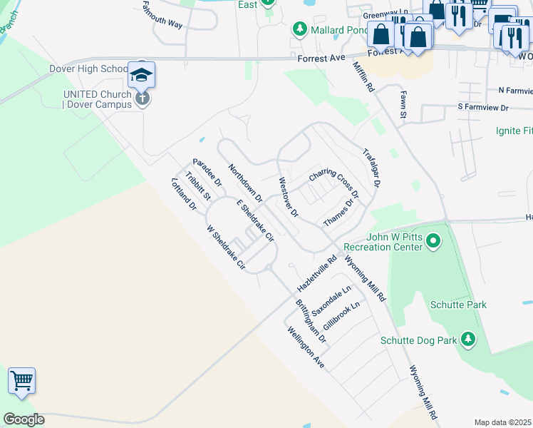 map of restaurants, bars, coffee shops, grocery stores, and more near 262 Northdown Drive in Dover