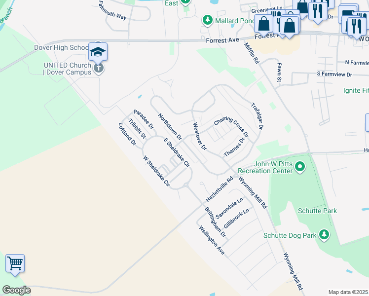 map of restaurants, bars, coffee shops, grocery stores, and more near 262 Northdown Drive in Dover