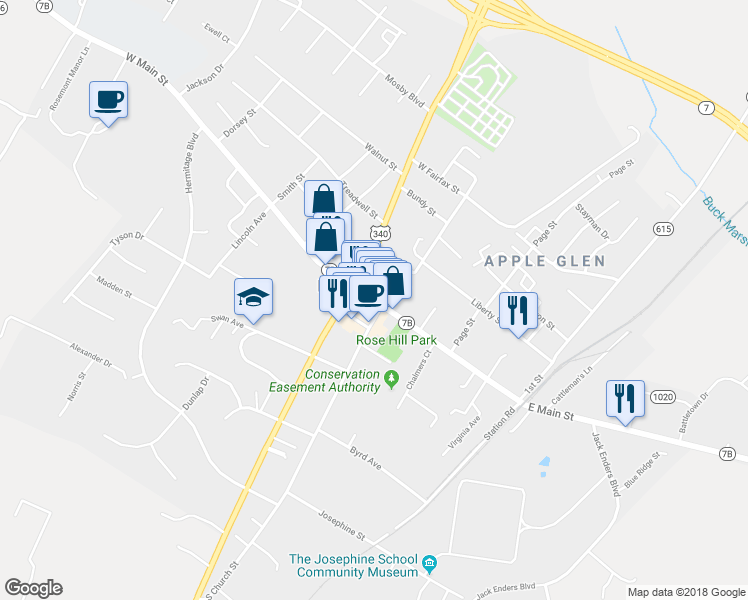 map of restaurants, bars, coffee shops, grocery stores, and more near 30 West Main Street in Berryville