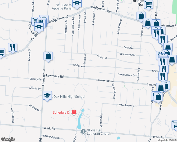 map of restaurants, bars, coffee shops, grocery stores, and more near 5868 Weston Court in Cincinnati