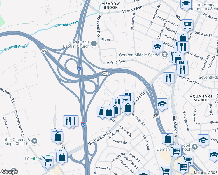 map of restaurants, bars, coffee shops, grocery stores, and more near 7675 Harlow Drive in Glen Burnie