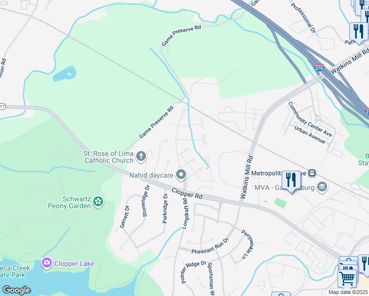 map of restaurants, bars, coffee shops, grocery stores, and more near 14 East Darby Court in Gaithersburg