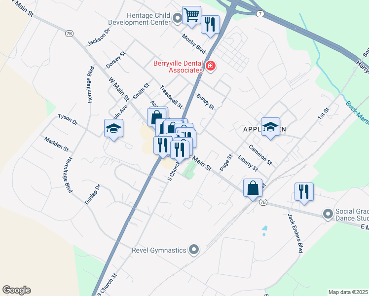 map of restaurants, bars, coffee shops, grocery stores, and more near 364 Dorsey Orchard Lane in Berryville