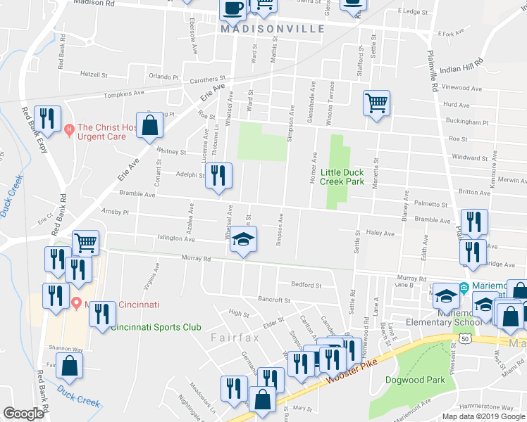 map of restaurants, bars, coffee shops, grocery stores, and more near 6109 Bramble Avenue in Cincinnati