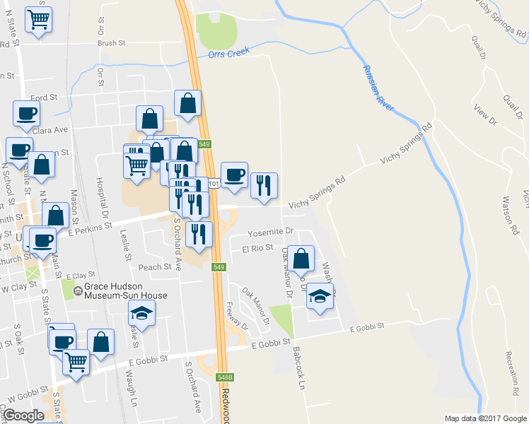 map of restaurants, bars, coffee shops, grocery stores, and more near 711 E Perkins St in Ukiah
