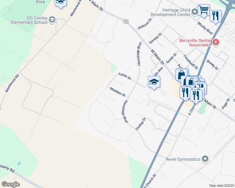 map of restaurants, bars, coffee shops, grocery stores, and more near 413 Madden Street in Berryville