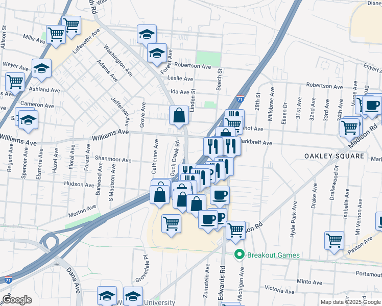 map of restaurants, bars, coffee shops, grocery stores, and more near 6020 Smith Road in Cincinnati