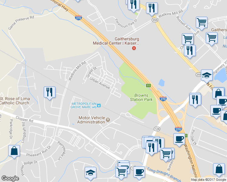 map of restaurants, bars, coffee shops, grocery stores, and more near 434 Parkview Avenue in Gaithersburg