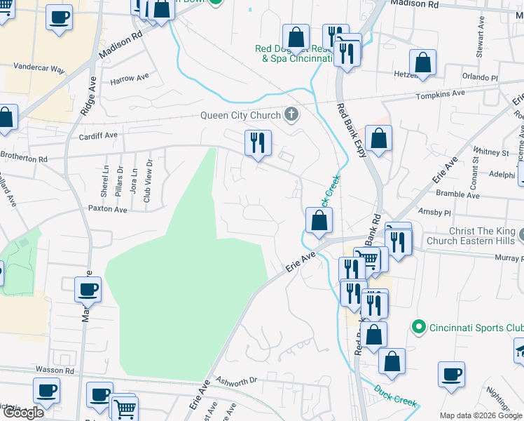 map of restaurants, bars, coffee shops, grocery stores, and more near 3775 Broadview Drive in Cincinnati