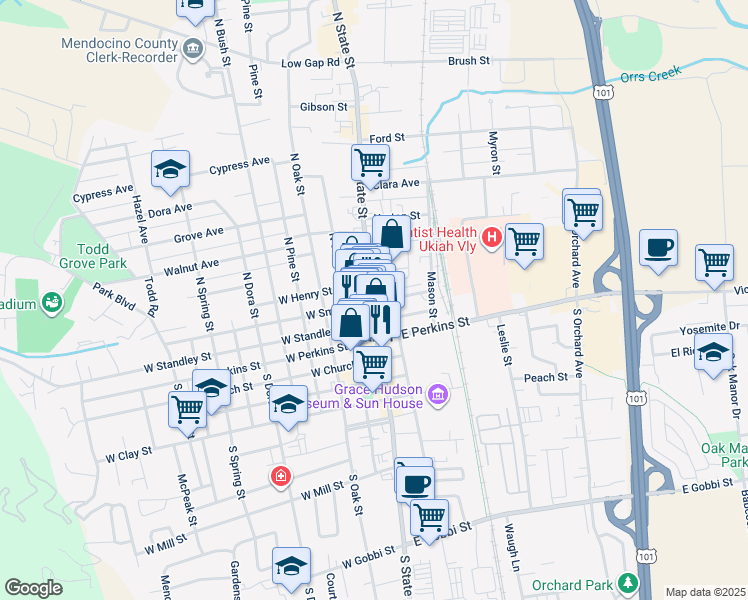 map of restaurants, bars, coffee shops, grocery stores, and more near 344 North State Street in Ukiah